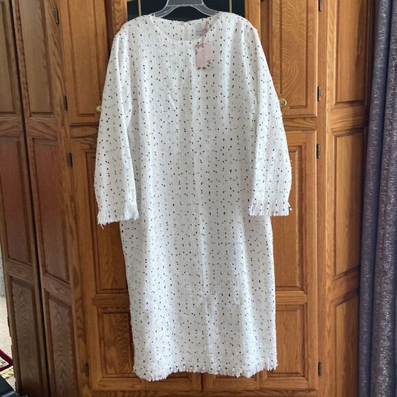 Dainty Jewell’s Winter Vogue White Long Sleeve Modest Tweed Dress with fringe - Picture 6 of 14